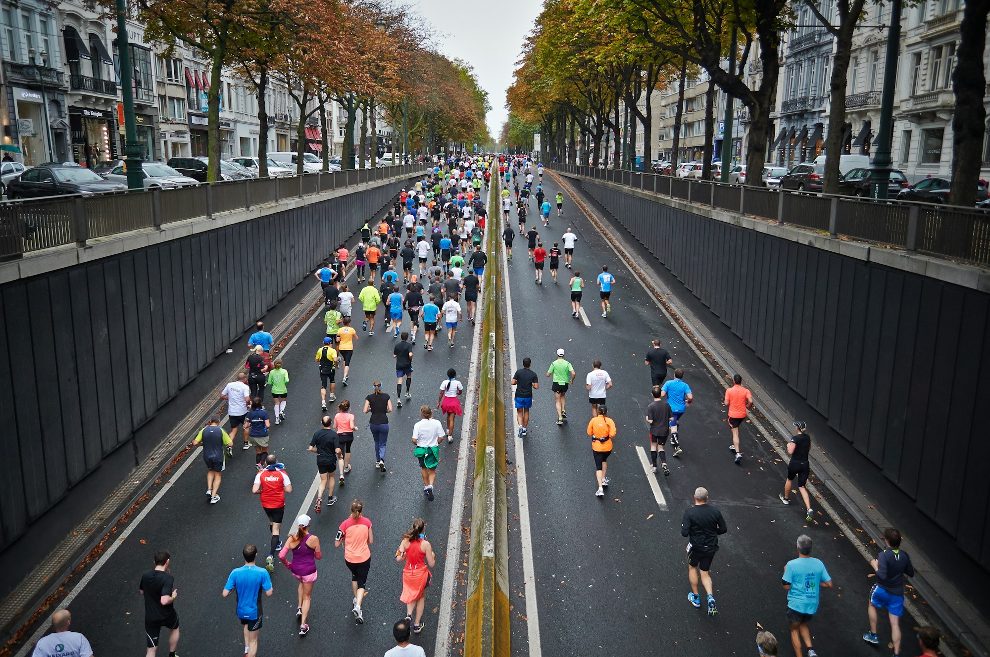 A marathon field spread across both carriageways of a wide tree-lined city boulevard, seen from above